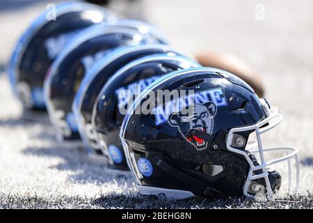September 21, 2019: General view of Maine Black Bears helmets against the Colgate Raiders during an NCAA football game on Saturday, Sept., 21, 2019 at Andy Kerr Stadium in Hamilton, New York. Maine won 35-21. Rich Barnes/CSM Stock Photo