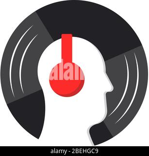 vinyl record music vector with head human wearing red headphone illustrattion on white background for logo,icon,etc. Stock Vector
