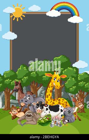 Border template design with many wild animals in background ...