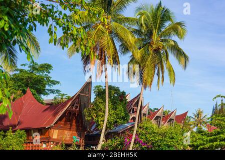 Batak traditional house facade traditional village at lake Toba, famous travel destination in Sumatra, Indonesia. Stock Photo