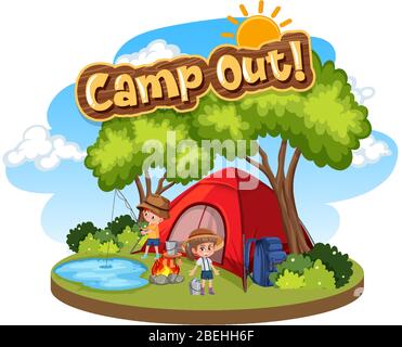 Font design for camp out with tent in the park illustration Stock Vector