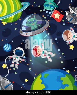 Background scene with many astronauts in space illustration Stock ...