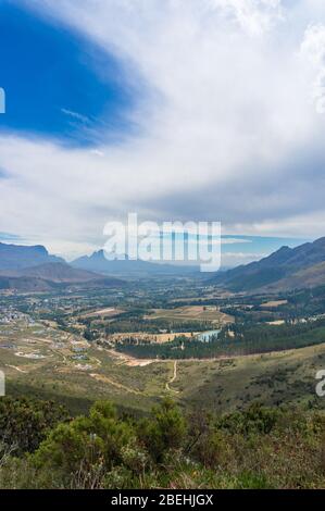 Beautiful view of Franschhoek tourist town in mountain valley. South Africa tourist destination nature background Stock Photo