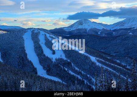 Keystone, Colorado ski runs at sunset of North Peak at the top of Dercum Mountain Stock Photo