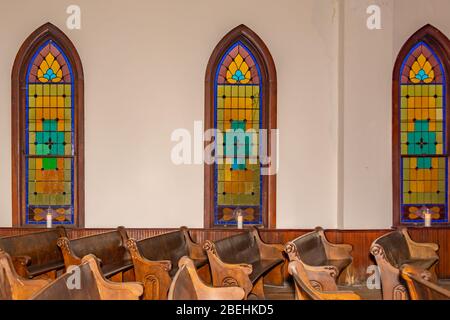 Stained glass windows in a rural Christian church in Kentucky Stock Photo