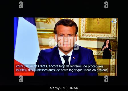 Marseille, France. 13th Apr, 2020. French President Emmanuel Macron addresses the nation on TV.As part of the fight against the coronavirus pandemic, President Emmanuel Macron announced the extension of the confinement period until May 11, 2020. Credit: SOPA Images Limited/Alamy Live News Stock Photo