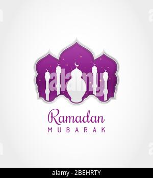 Ramadan Mubarak greeting card, poster and banner. Modern and beautiful Islamic decoration with paper cut style. Mosque shape purple and white colors Stock Vector