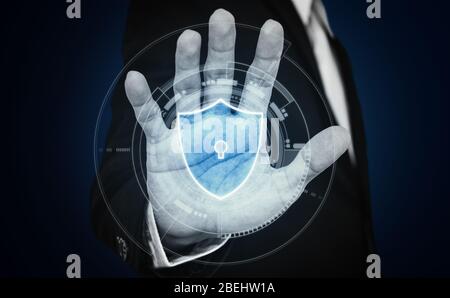 Identity verification security system technology. Businessman locking and protecting online data and etc. by hand Stock Photo