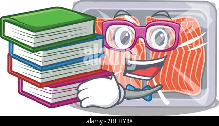 A diligent student in frozen salmon mascot design concept with books Stock Vector