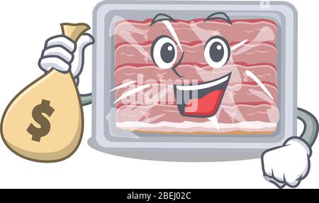 Rich frozen smoked bacon cartoon design holds money bags Stock Vector