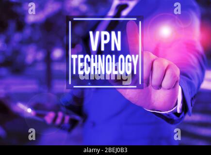 Handwriting text writing Vpn Technology. Conceptual photo programming that creates a safe and encrypted connection Businessman with pointing finger in Stock Photo