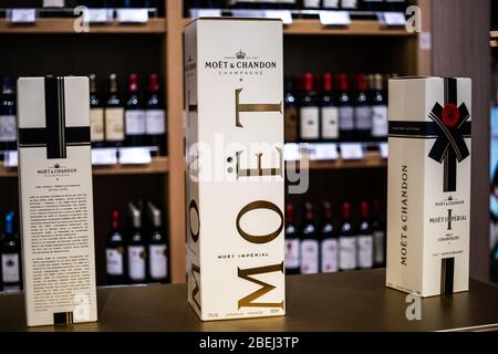 Brussels, Belgium, January 2020: bottles of Moet Chandon Brand french champagne on display for sale Stock Photo