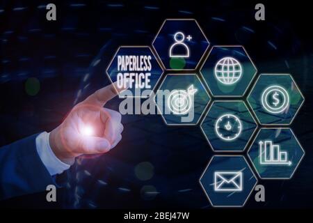 Word writing text Paperless Office. Business photo showcasing work environment in which the use of paper is eliminated Stock Photo