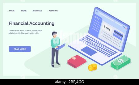 financial accounting with people and some graph and chart money for website landing homepage template banner isometric vector Stock Photo