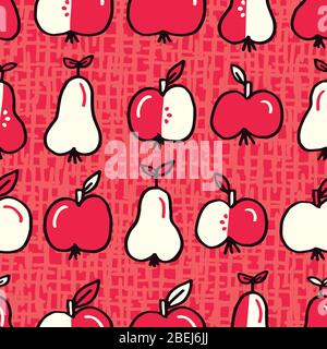 Cute Monochrome Felt Tip Pen Apple and Pears Fruits Vector Seamless Pattern Stock Vector