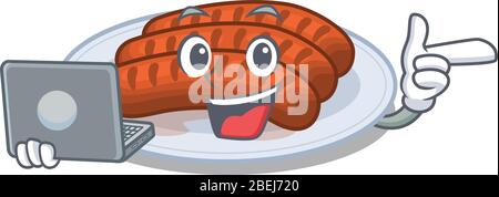 Cartoon character of grilled sausage clever student studying with a laptop Stock Vector