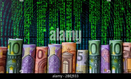European paper money in rolls on black background with reflection, IT web codes Stock Photo