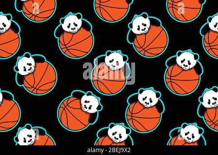 lazy panda on the orange basketball seamless pattern and repeat cute funny Stock Vector