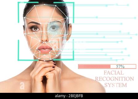 Biometric authentication concept. Facial recognition system of beautiful woman on white background Stock Photo