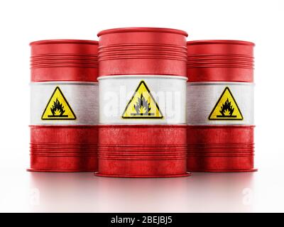 Old barrels with inflammable symbol isolated on white background. 3D illustration. Stock Photo