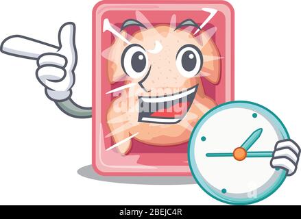 Frozen chicken mascot design concept smiling with clock Stock Vector