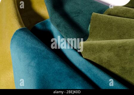Bright abstract collection of emerald velvet textile samples in green colors. Fabric texture background Stock Photo