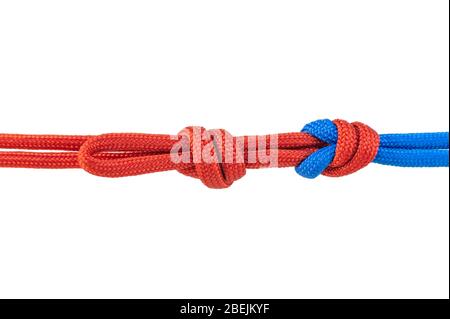 Two red and blue cords are connected . Knot on a cord isolated on a white background . Stock Photo