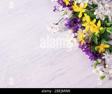 Composition with wild forest violets on a white wooden surface with empty space for text. Spring festive background. Stock Photo