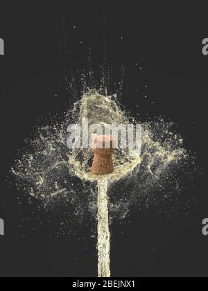 detail of the explosion of a cork of a bottle of champagne. Splashing wine on dark background. concept for celebration, party, holidays. 3d render ima Stock Photo