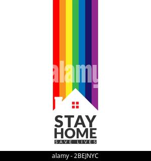 rainbow over house with slogan stay home save lives, awareness campaign for promote people make self isolation at home to avoid spreading coronavirus Stock Vector