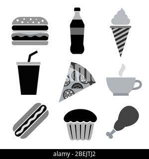 illustration of the fast food icons set in a gray color Stock Vector