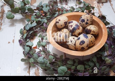 Quails eggs in a wooden bowl against in a nest like setting Stock Photo