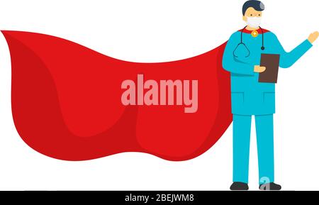 Super hero male doctor in protection face mask wearing red superhero cloak isolated on white background. Flat vector cartoon character man of heroic hard work medical profession eps illustration Stock Vector