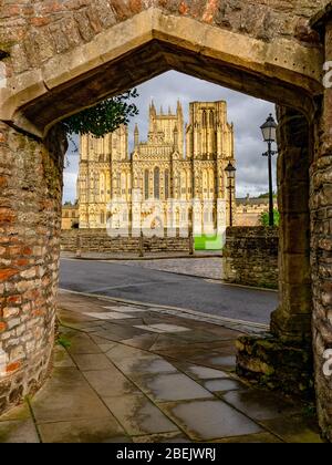 Wells Cathedral through an archway, Somerset Stock Photo