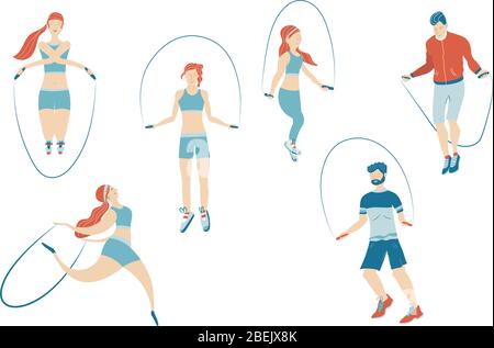Set of Character Engage Sport Activities Doing Exercises, Fitness Workout, Running, Jumping on Rope. Healthy Lifestyle Leisure. Cartoon Stock Vector