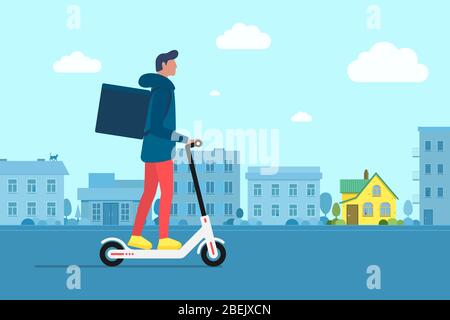 Delivery young male courier riding electric scooter with package product box. Fast shipping service concept on city street. Vector logistic illustration active hipster adult millennial on cityscape Stock Vector