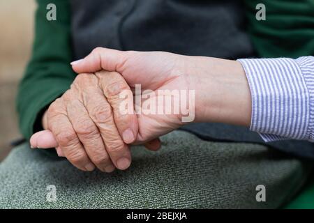 Close up picture of caregiver holding senior woman's wrinkled hands Stock Photo