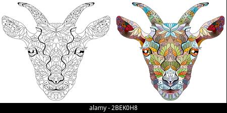 Zentangle goat head. Hand drawn decorative vector illustration for coloring. Color and outline set Stock Vector
