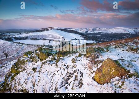 View from Gaerstone on Hope Bowdler Hill, Church Stretton, Shropshire, England, UK in Winter. Stock Photo