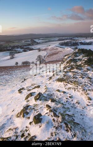 View from Gaerstone on Hope Bowdler Hill, Church Stretton, Shropshire, England, UK in Winter. Stock Photo