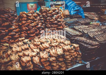 Dried fishes on Warorot market, Kad Luang, Chiang Mai, Thailand Stock Photo