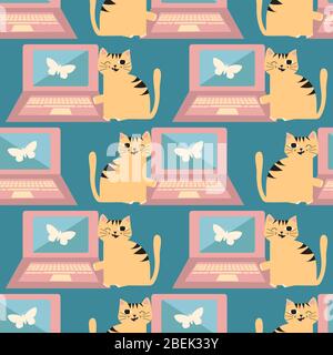 Cheeky cartoon cat and laptop vector seamless pattern background. Ginger kitty next to computer on pink blue backdrop. Hand drawn fun design. All over Stock Vector