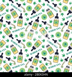 Marjuana Oil seamless pattern. Dropper bottle with pipette and hemp oil drop. Vector texture on white background. Surface legalize medical smoke Stock Vector