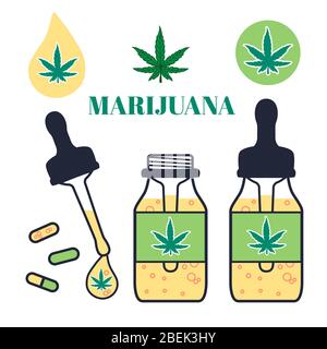 Set Bottle pipette with drop Marjuana oil. Herb tablets pill. Vector illustration on white background. Hash Cannabis Oil Legalize medical smoke Stock Vector