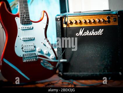 Electric Guitar and Marshall Amplifier, Marshall Amplification was founded by Jim Marshall in London around 1962. Stock Photo