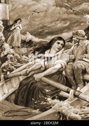 1920  Artist's impression - Grace Horsley Darling (1815-1842)  and her father rescuing the survivors from the wreck of the steamer 'Forfarshire'. Grace Darling was an English lighthouse keeper's daughter. who with her father William used a rowing boat to rescue 9 survivors (of a total of  62 people) from the shipwrecked Forfarshire in 1838.   The paddle steamer ran aground on the Farne Islands off the coast of  Northumberland under conditions that were so bad a lifeboat rescue was difficult to attempt. The 23 year old and her father achieved national fame.She died of tuberculosis in 1842. Stock Photo