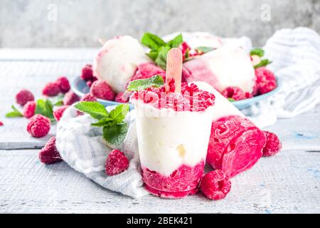 Sweet and tasty diet summer dessert. Homemade raspberry yogurt popsicle with fresh raspberries and mint. Healthy ice cream recipe. Wooden white backgr Stock Photo