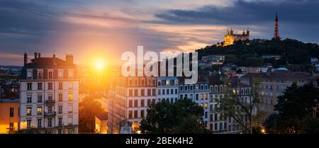 View of Lyon at sunset, France, Europe Stock Photo