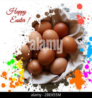 Easter concept. Easter card with eggs on white background. Top view. Happy Easter illustration. Stock Photo