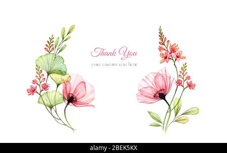 Watercolor floral card template. Abstract poppy flower with ginkgo leaves in wreath shape. Thank you card with custom text. Botanical illustration for Stock Photo